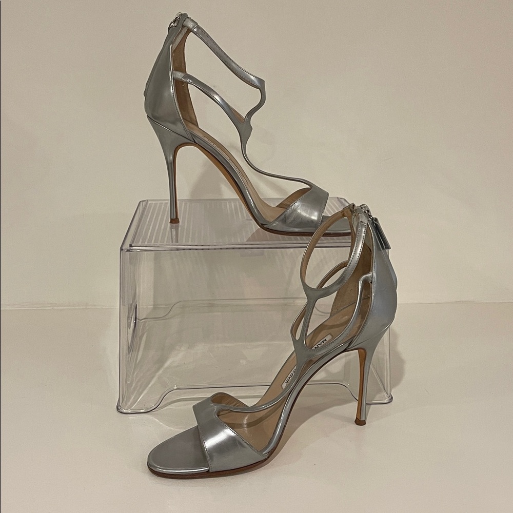 Manolo Blahnik Silver Strappy High Heels - Size 38